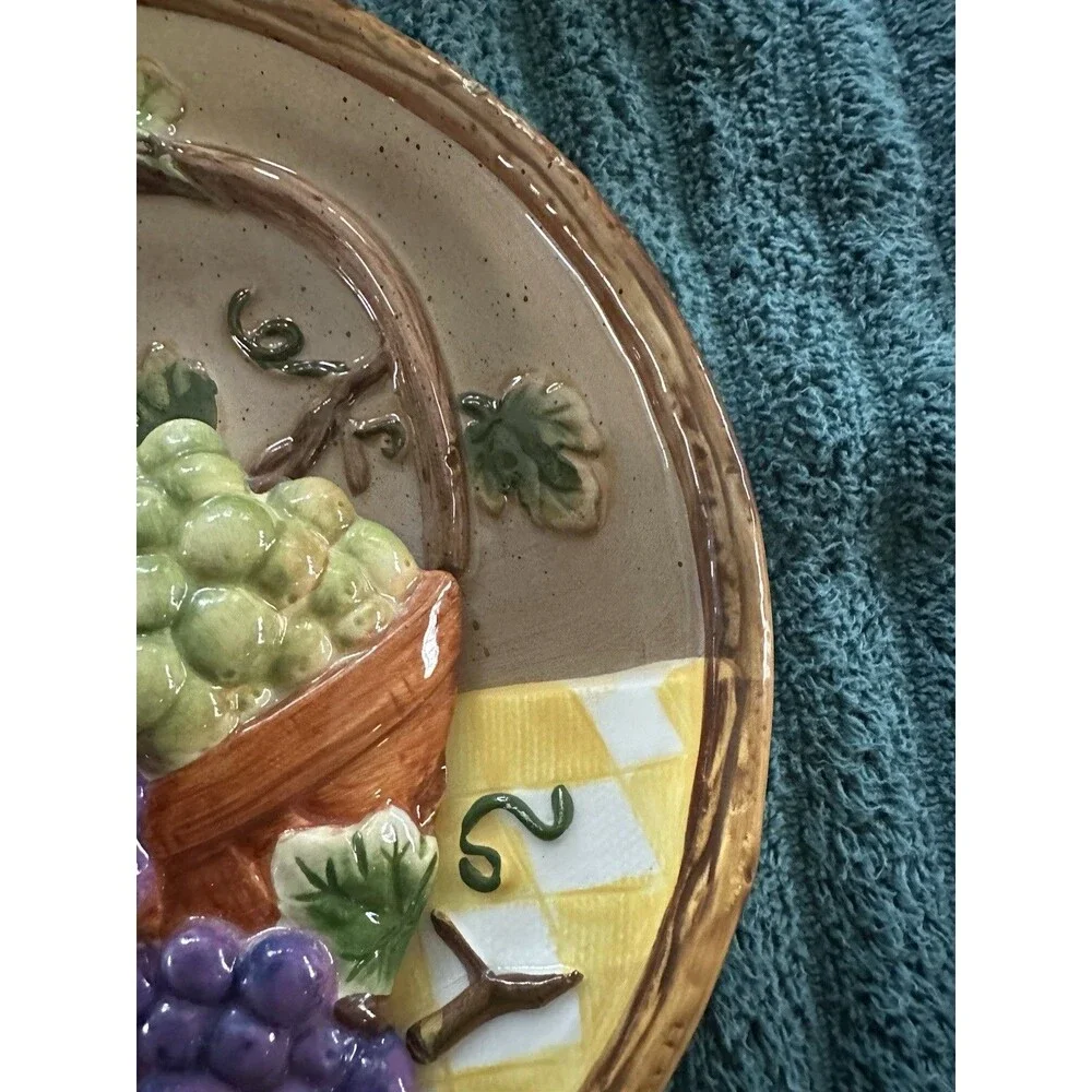 Vintage 3D Fruit Basket Ceramic Wall Plates Set Pears Grapes Retro Kitchen Decor
